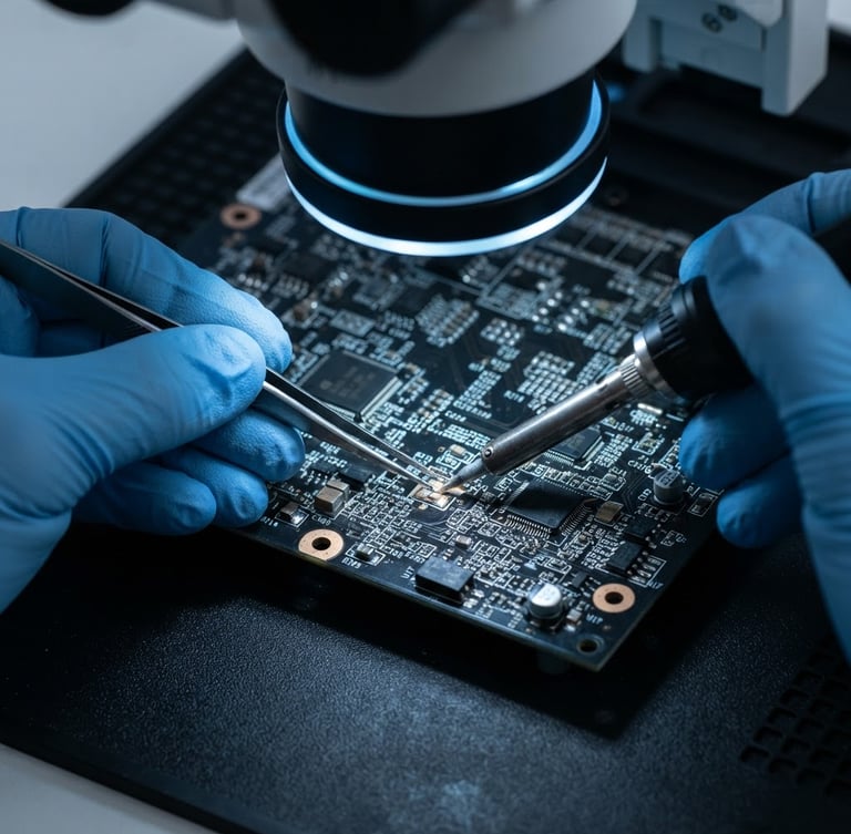 Macro close-up of a technician's hands performing micro-soldering on a circuit board under a microscope, illuminated by cool studio light with electric blue accents, on a dark ESD mat.