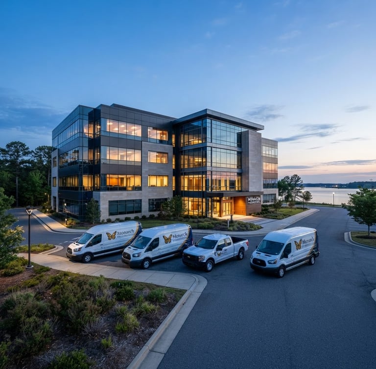 Wide panoramic view of Monarch Presentations' branded service vehicles parked in front of a modern Chesapeake office building at dawn, cool blue light, professional architectural photography, low horizon.