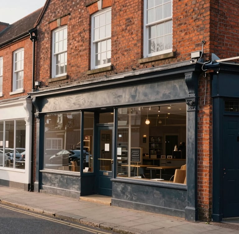 Wide angle architectural shot of a brick commercial storefront in a historic Cheshire street, soft morning light, professional 35mm photography