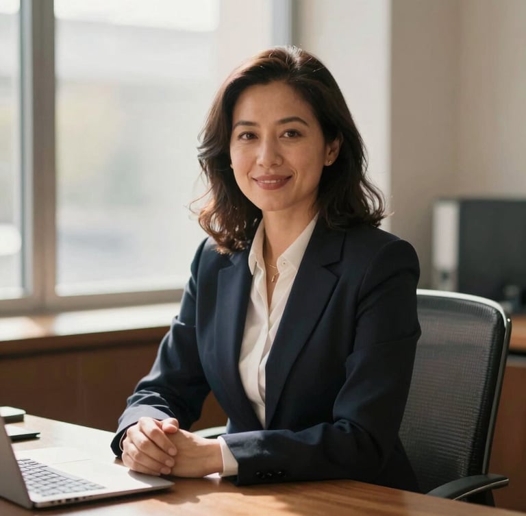 A warm, daylight-filled office portrait of a professional female solicitor sitting at a wooden desk, soft natural window light, professional 35mm photography