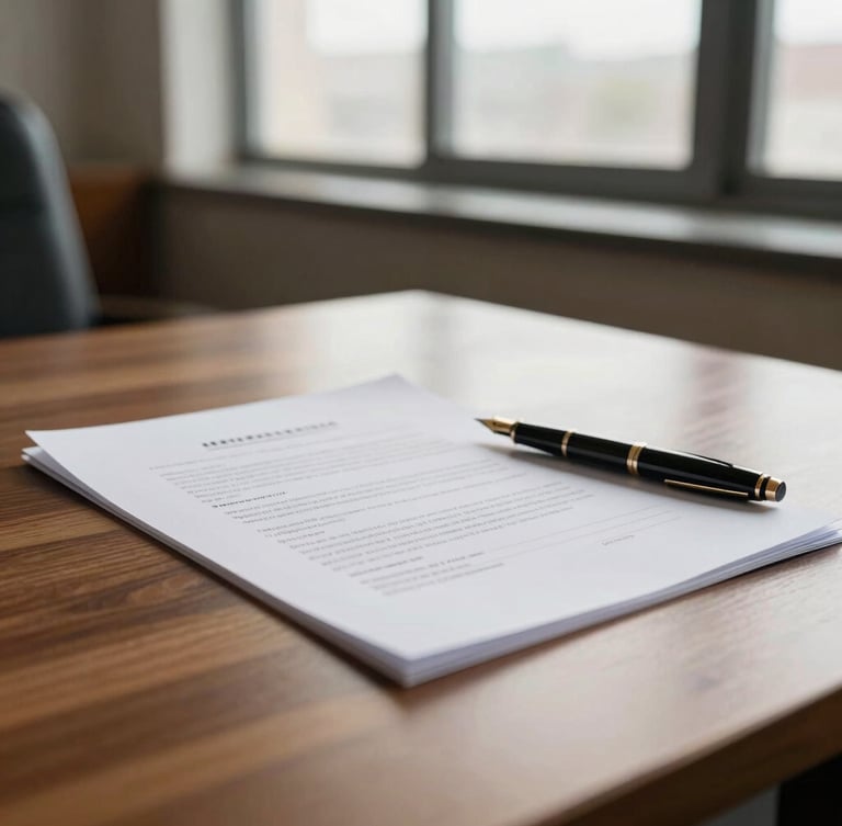 A warm daylight-filled office with a signed document and a fountain pen on a wooden desk, soft natural window light, shallow depth of field, professional 35mm photography