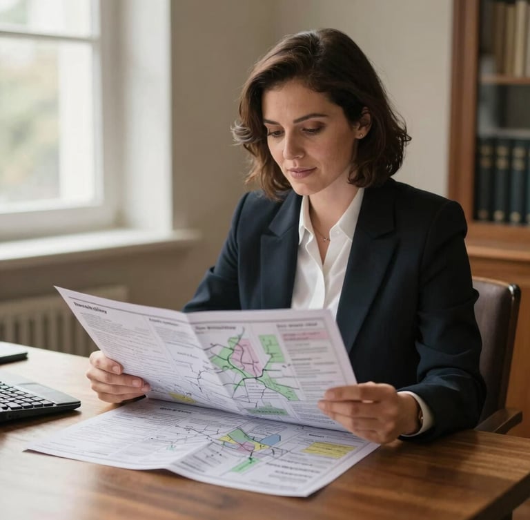 A warm, natural portrait of a professional solicitor reviewing land registry maps at a daylight-filled wooden desk, soft natural window light, professional 35mm editorial photography