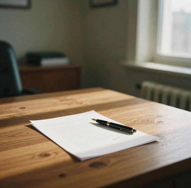 A warm, daylight-filled office interior with a solid oak desk, a fountain pen resting on a signed document, soft window light casting gentle shadows across the room, 35mm photography