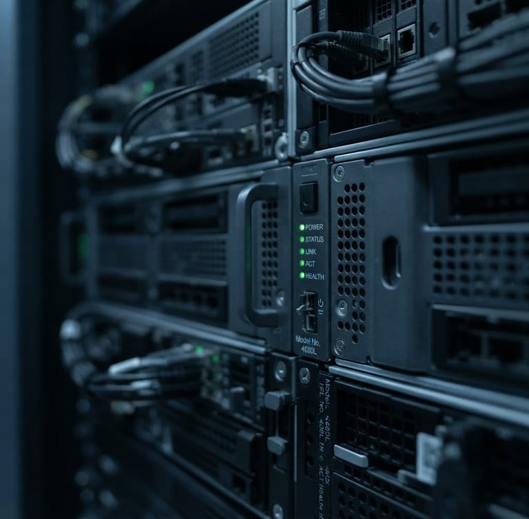 A minimalist technical server rack with subtle emerald green status lights, cool low-key studio lighting, sharp macro focus