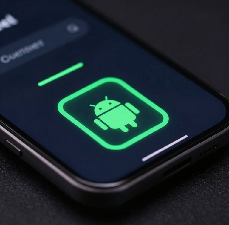 Extreme close-up of a high-fidelity Android device screen displaying sleek custom UI, glowing electric green accents, low-key studio lighting on deep slate glass.