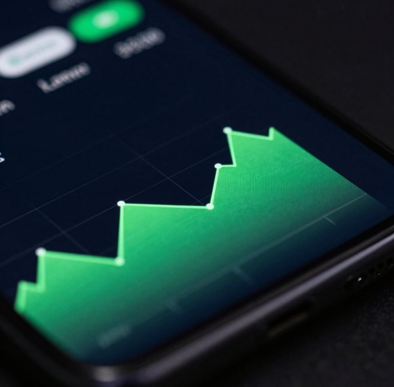 Extreme close-up of a premium Android flagship phone screen showing a dark fluid UI with electric green graphs, low-key studio lighting with neon glow, macro lens
