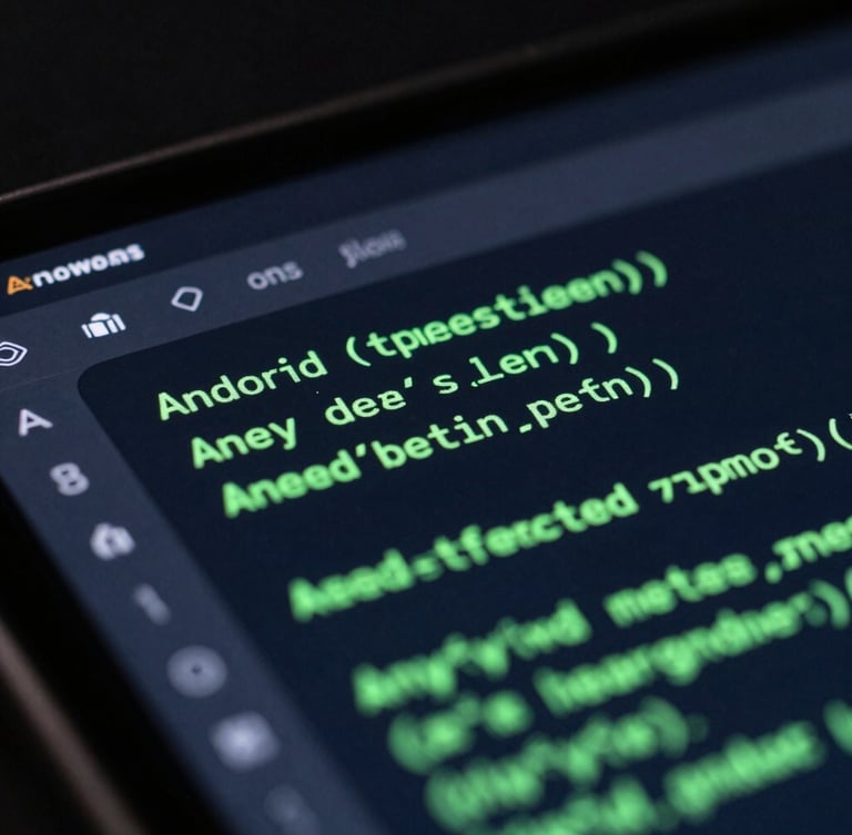 Extreme macro close-up of a high-fidelity Android screen displaying fluid UI transitions and glowing green code syntax, low-key lighting with deep slate accents, professional tech photography.