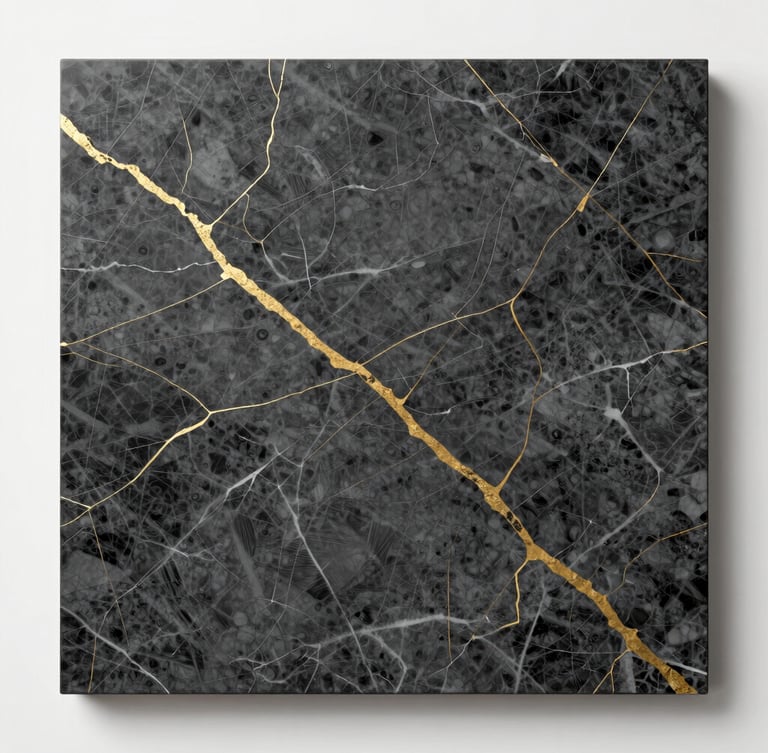 Straight-on flat lay of a premium marble-veined ceramic slab with gold fissures, dramatic side lighting emphasizing tactile texture, architectural gallery presentation