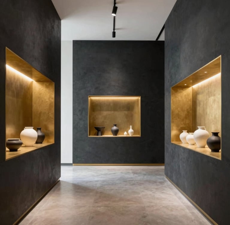 Wide-angle architectural interior of a minimalist ceramic showroom in Hyderabad, stark charcoal walls, soft gold accents, natural light