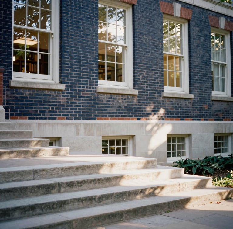 Wide environmental shot of historic brick campus architecture with soft natural window light reflecting off old stone steps, 35mm photography