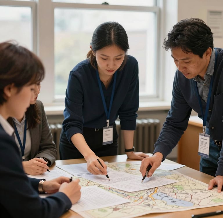 A medium shot of three educators collaborating around a table covered in curriculum drafts and historical maps, soft library window lighting.
