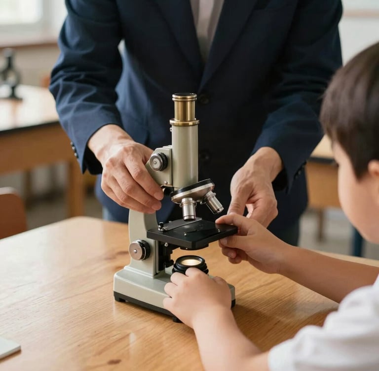 A close-up of a teacher's hands guiding a student's hand over a brass microscope in a sunlit science laboratory, warm wood tables, scholarly atmosphere.