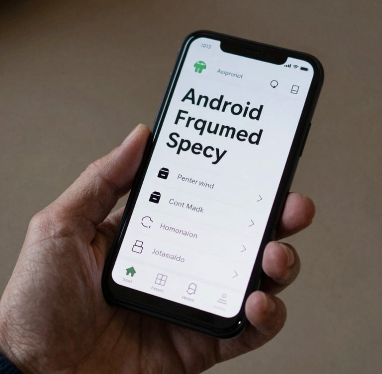 Macro shot of an older adult's hand holding an Android phone, displaying an application with large high-contrast typography and simplified navigation elements, soft shadows.