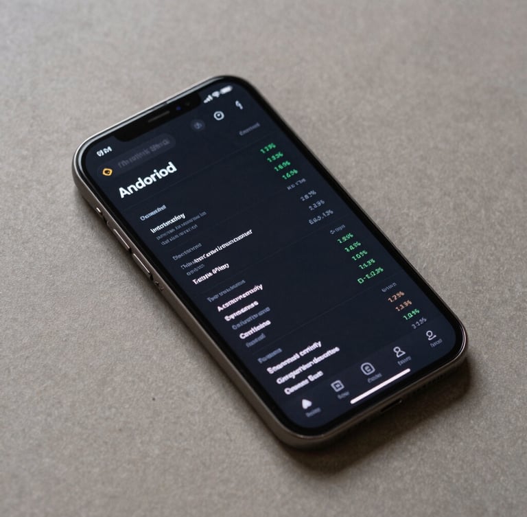 Tight flat-lay composition of a modern Android smartphone displaying a dark-mode productivity app with clean, dense data visualizations, neutral studio lighting.