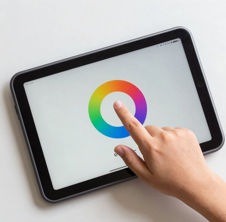 Top-down macro shot of a child's hand tapping a large, colorful, circular button on an Android tablet screen, bright neutral studio lighting.