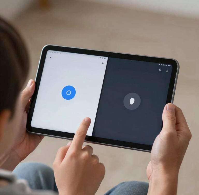 Tight top-down macro shot of a child's hand and an older adult's hand holding an Android tablet together, showing a high-contrast split-screen interface with large tap targets, neutral studio lighting.