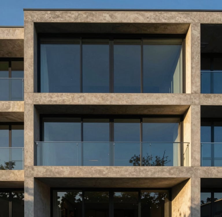 Elegant architectural photography of a modern concrete and glass residence facade, warm golden hour light, deep blue and sand tones, medium format editorial composition