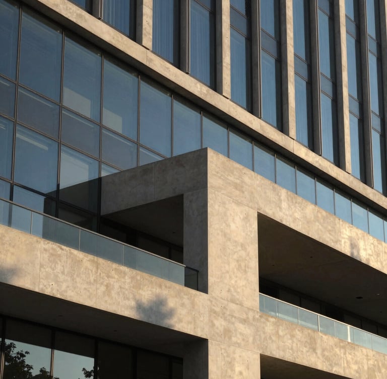 Architectural detail of a modern concrete and glass building facade, clean sharp angles, warm afternoon sunlight casting long shadows, elegant editorial composition