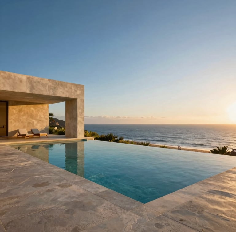 Elegant architectural photography, warm golden hour light, minimalist concrete and glass infinity pool overlooking the ocean in Riviera Nayarit, medium format, editorial composition.