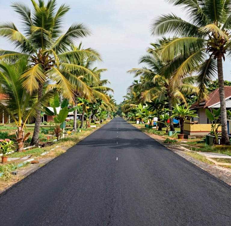 Bright natural daylight shot of a newly paved asphalt road in an Indonesian village, lush green coconut trees on the sides, clean composition, 35mm