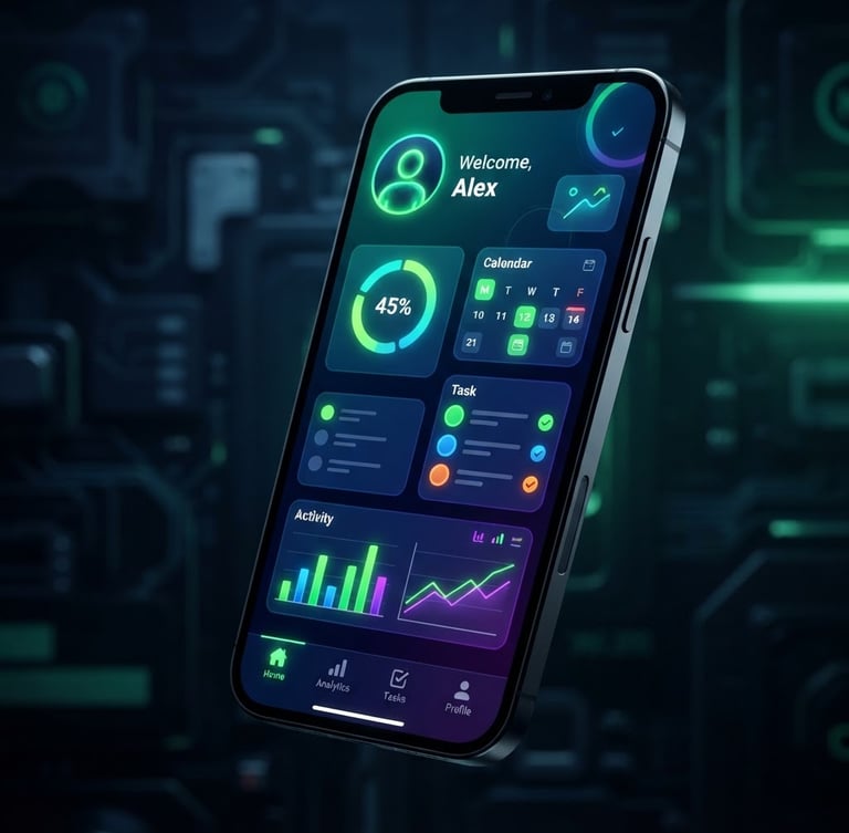 Sleek Android phone mockup displaying a vibrant, user-friendly app interface, foregrounded against a dark, low-key background with subtle neon green ambient lighting, sharp focus, 35mm, bleeding to the right edge.