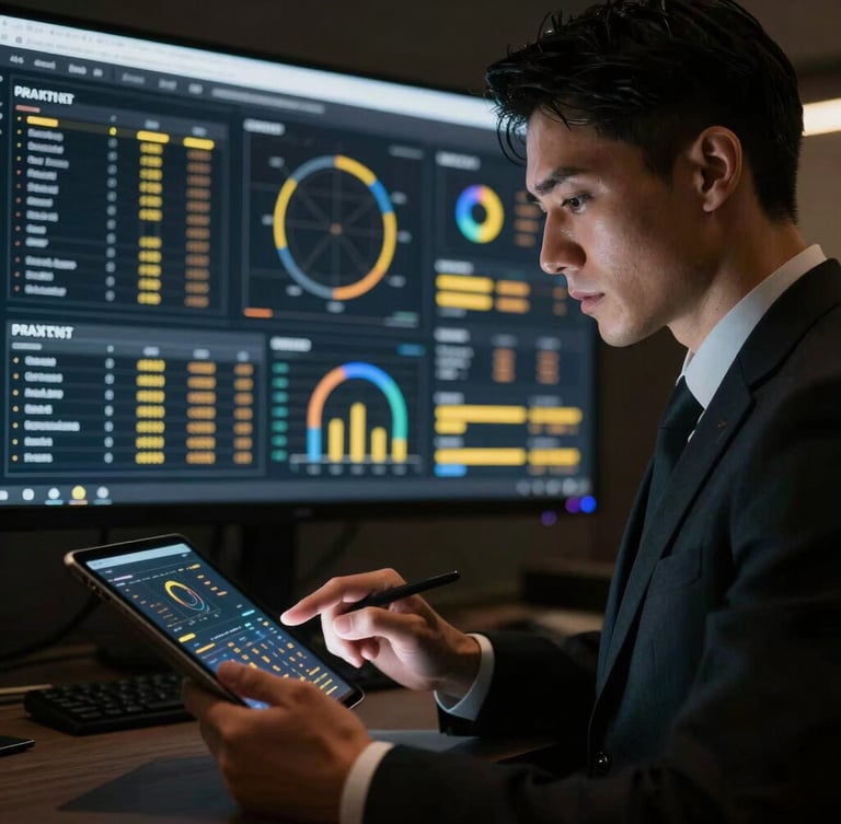 Sleek portrait of a professional hotelier analyzing real-time data charts on a tablet, dark ambient screen glow reflecting on face, sharp focus, premium tech aesthetic.