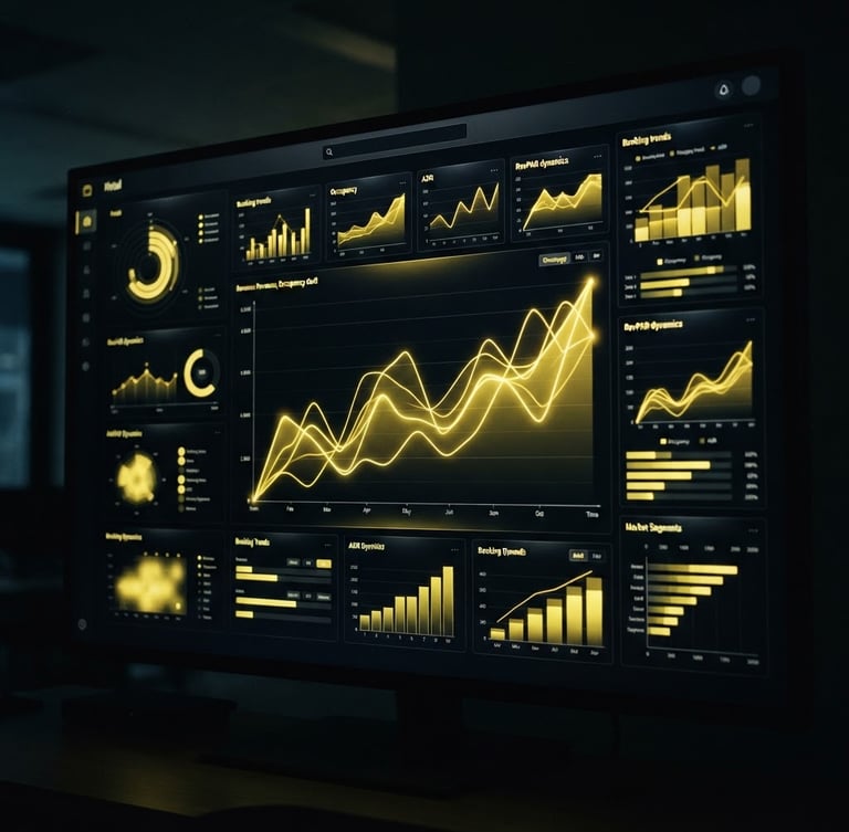 Sleek dark UI mockup of a hotel revenue management dashboard on a screen, glowing yellow data lines, high-contrast black background, sharp focus, 35mm