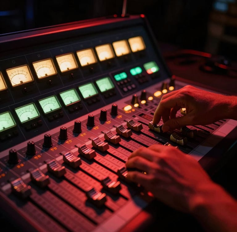 Close-up of professional stage audio mixer console, glowing LED meters, hands of a sound engineer adjusting a fader in dramatic crimson and green stage lighting, 35mm