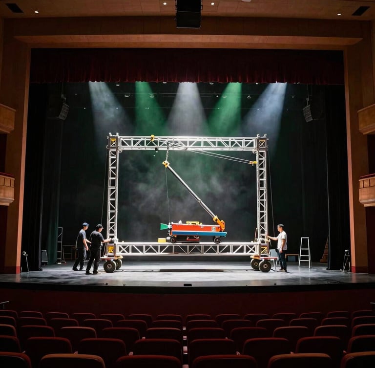 Wide environmental shot of an empty theater stage during morning setup, a massive aluminum truss structure being raised by technicians, dramatic shafts of sunlight cutting through the dust, 35mm