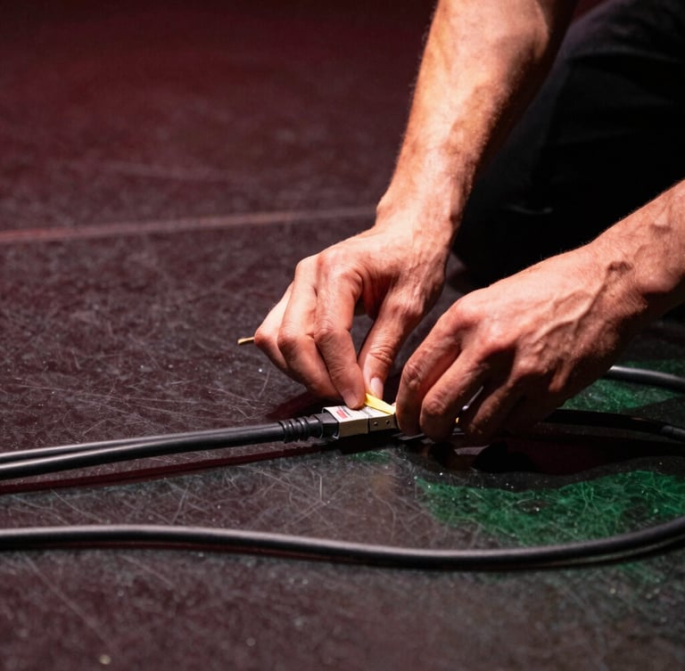 Close-up of a technician's hands carefully organizing and labeling thick black cables on a dark stage floor, warm spotlight from the side, sharp focus, 35mm