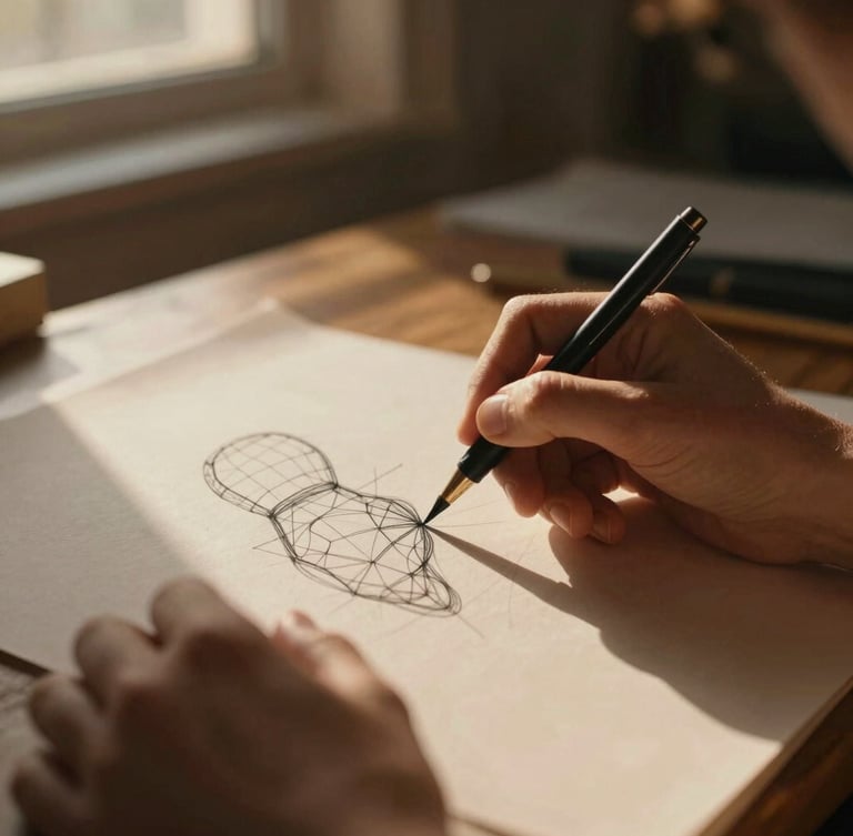 An intimate close-up of hands sketching a wireframe on textured paper, warm side-lighting, soft focus, rich earth tones, cinematic shadows.