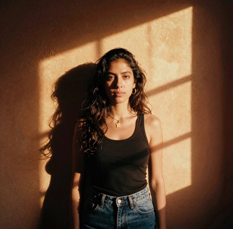 Cinematic environmental portrait of Juana Camila in her sunlit studio, warm golden-hour window light casting dramatic shadows on a terracotta wall, 35mm film grain.