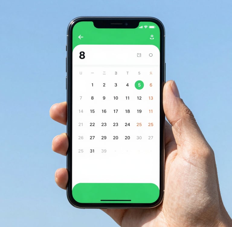 Close-up of a hand holding an Android phone displaying a clean green-accented calendar interface, crisp studio daylight, subtle screen glow, 35mm