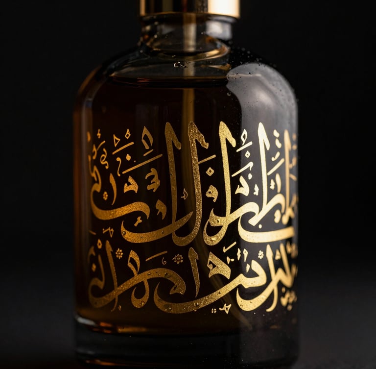 Close-up macro shot of a heavy, dark glass Arabic perfume bottle with intricate gold calligraphy, reflecting dramatic golden light against a deep black background, rich texture, chiaroscuro studio lighting, 85mm lens