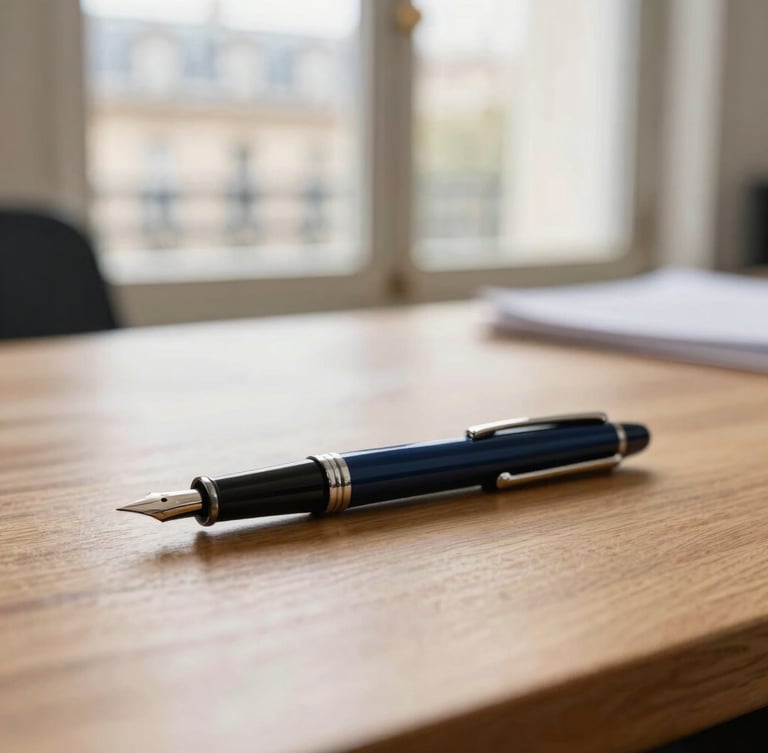 Close-up of fine stationery and a fountain pen on a warm wooden desk in a bright Parisian office, soft window light, shallow depth of field