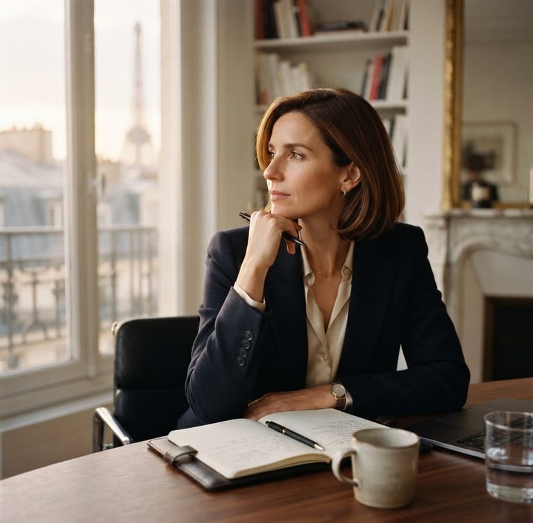 Thoughtful portrait of a female executive strategist in a quiet, high-end Parisian office, warm window light, shallow depth of field, 35mm