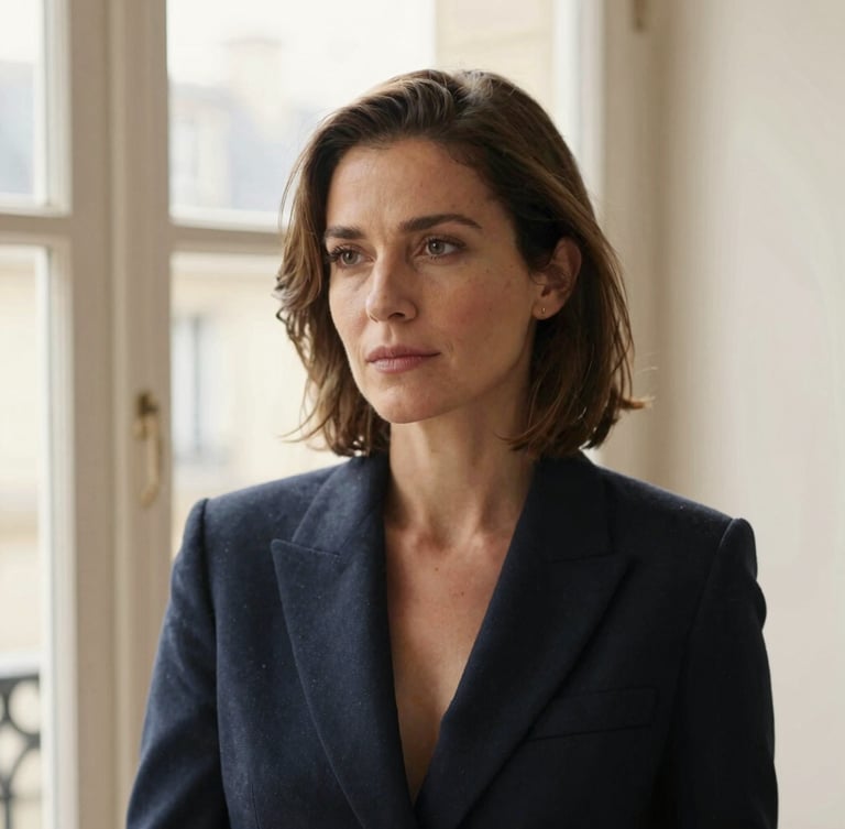 Thoughtful portrait of a female strategist, close-up, soft natural daylight from a Parisian window, minimalist background, warm champagne tones, shallow depth of field