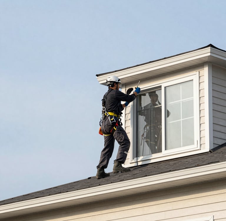 Professional window cleaner in neat safety gear and harness working on a residential roofline against a clear Ottawa sky, bright natural light