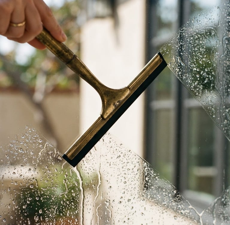 Close-up of a brass squeegee pulling water cleanly off glass, crisp reflections, bright natural daylight, warm ivory tones, 35mm lens