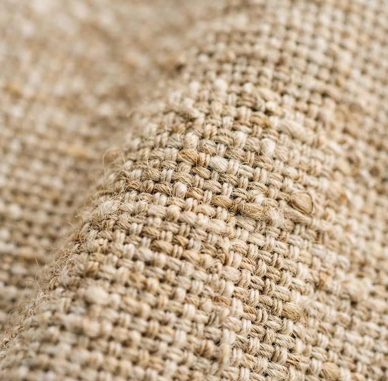 Tight macro shot of premium Belgian flax linen fabric, showing detailed tactile weave in warm oatmeal and sand tones, soft morning daylight, shallow depth of field, 35mm