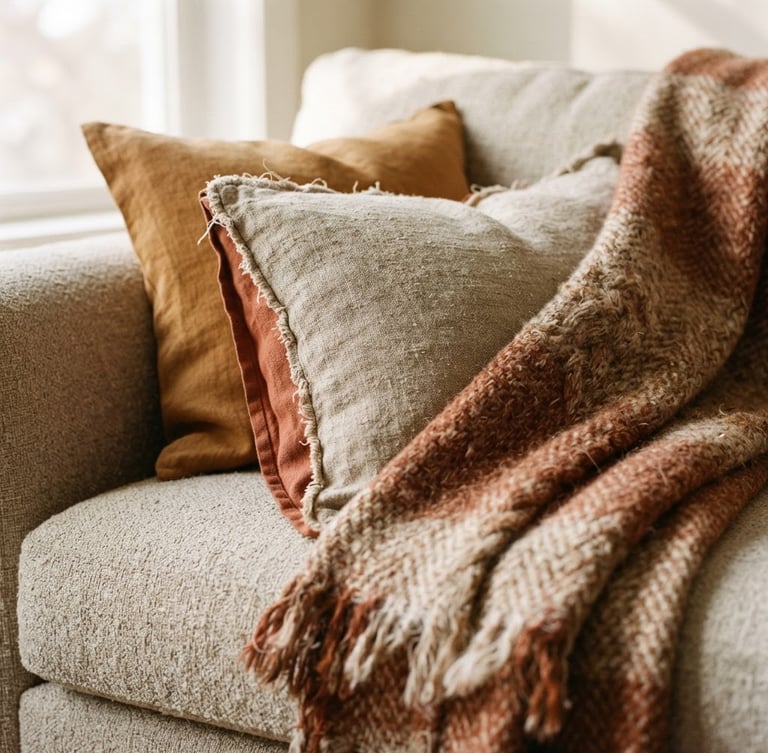 Close-up macro shot of layered linen pillow covers and a draped wool blanket on a textured sofa, soft diffused morning daylight casting gentle shadows, showing rich textile weaves and raw fabric edges, warm oatmeal and terracotta tones, shallow depth of field, 35mm photography.