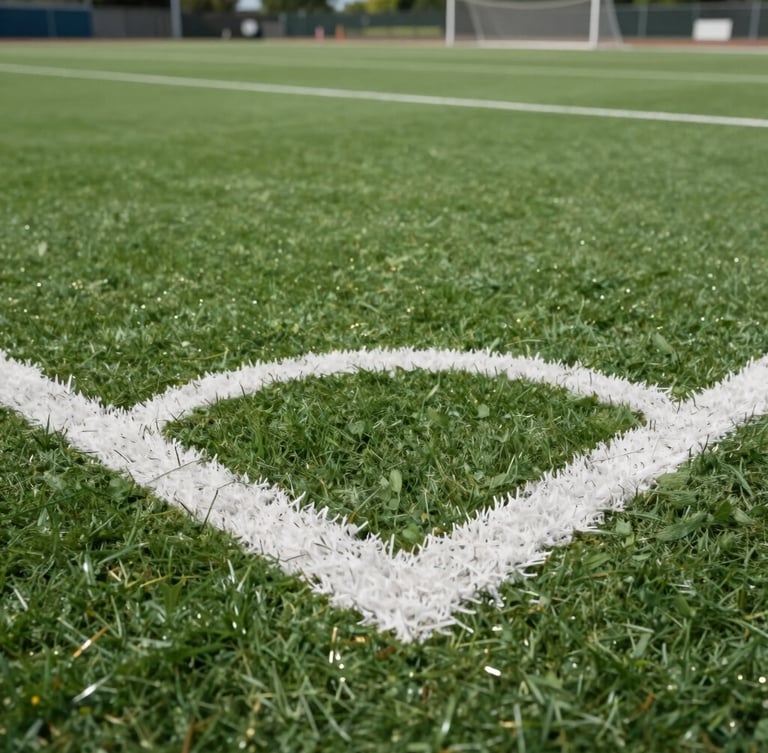 Low-angle close-up of crisp, freshly painted white sports lines on a perfectly manicured green school field, bright overcast British daylight