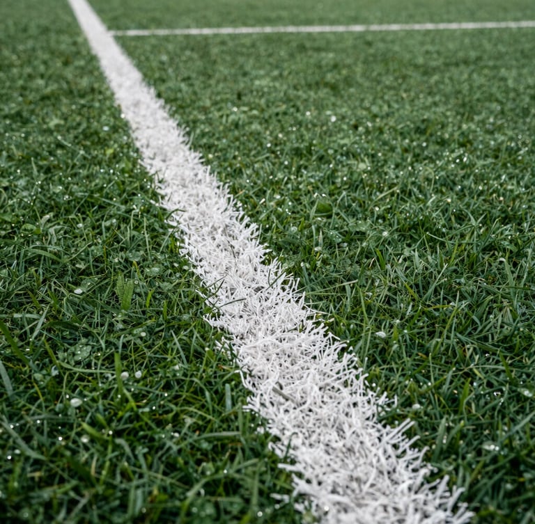 Low-angle detail shot of a crisp, freshly painted white line on vibrant green school turf, morning dew visible, sharp focus on the chalk-white boundary.