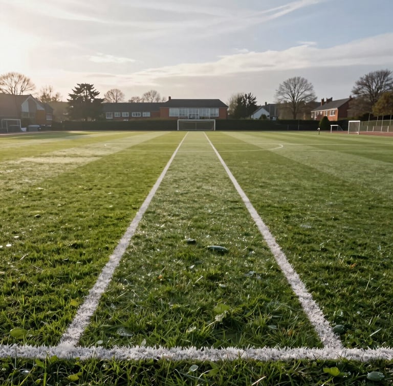 Wide environmental shot of a perfectly manicured school sports field in Bicester, crisp morning light with dew on the grass, bright white freshly painted running track lines stretching into the distance, overcast sky.