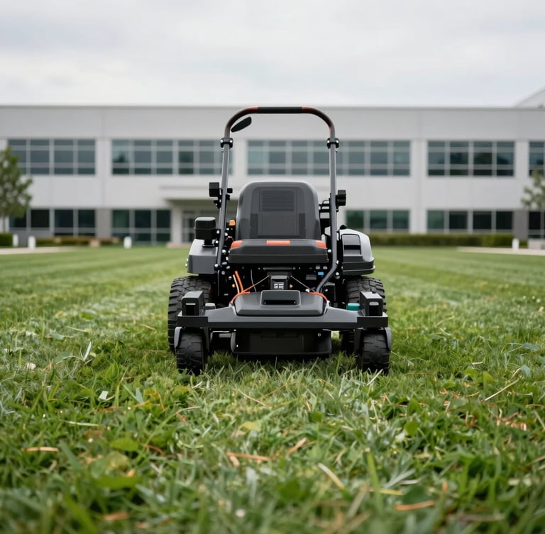 Low-angle close-up of a commercial ride-on mower cutting clean lines on a vast corporate lawn, bright overcast daylight