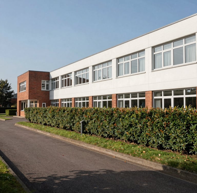Wide environmental shot of a clean, modern school campus exterior in Bicester, with a straight, level hedge line perfectly trimmed along the boundary under bright daylight.