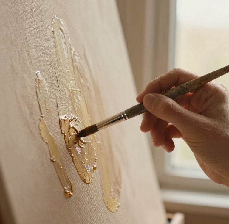 Close-up of a hand holding a fine-tip paintbrush applying rich oil paint to a textured canvas, soft window light, linseed oil sheen, warm sepia tones.