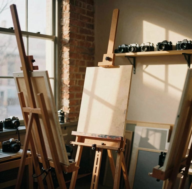 Warm interior of an artist studio with wooden easels, soft golden-hour window light casting long shadows on brick walls, vintage film cameras on a shelf.