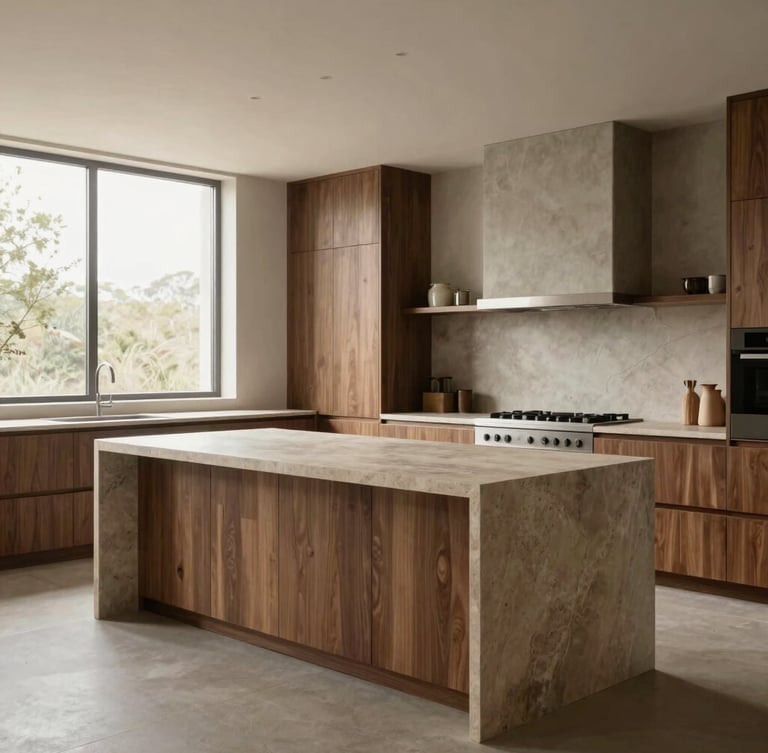Wide architectural shot of a minimalist kitchen with a massive natural stone island, integrated walnut cabinetry, soft natural daylight from a high side window, editorial composition
