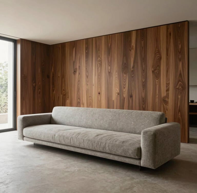 Wide-angle architectural living room, sculptural low-profile greige sofa, walnut wood panels, soft natural daylight, minimalist composition